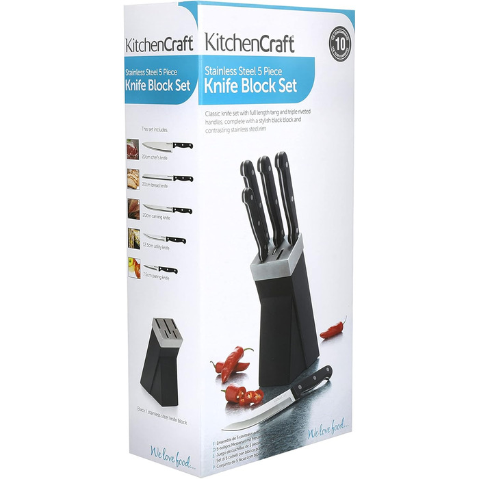 Набір ножів KitchenCraft з підставкою (5 шт.) з нержавіючої сталі, з нержавіючої сталі, з приглушеними ручками, миється в посудомийній машині, срібно-чорний, 15 x 8 x 29,5 см