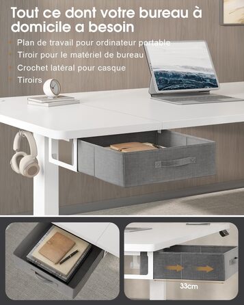 Регульований стіл Devoko з підйомною висотою, 140x80 см, з ящиками, USB-порт, органайзер для кабелів, стоячий стіл з 3 рівнями пам'яті, білий