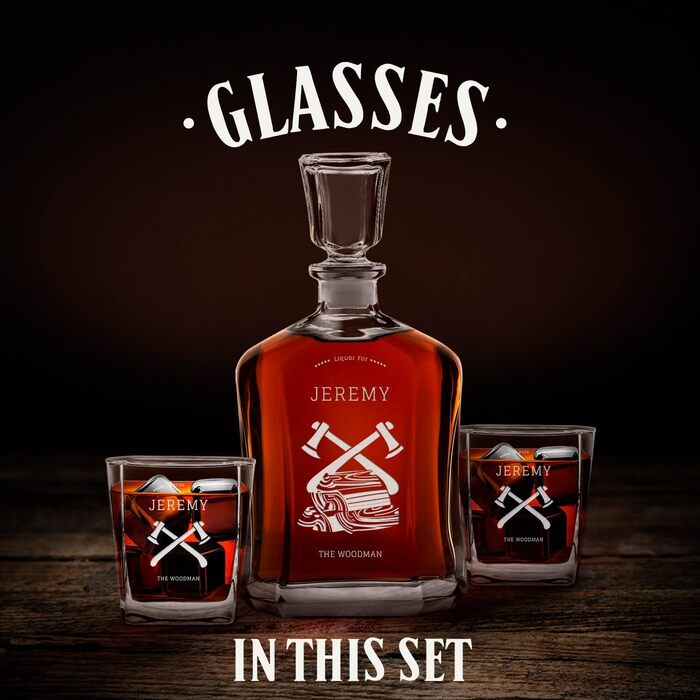 Мавертон Віскі Карафа + Набір склянок (2/4/6) з гравіюванням - 700 мл - Віскі Декантер - Подарунок на День народження для чоловіків (дерев'яний підставник)