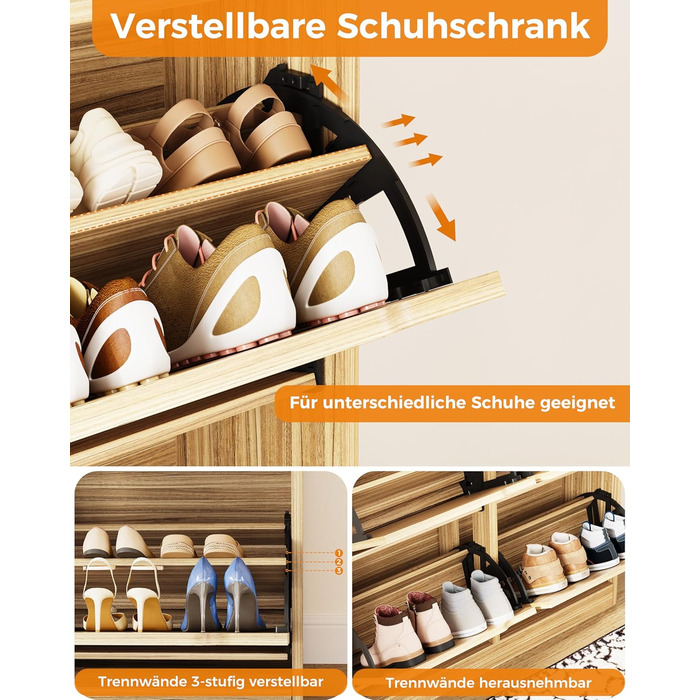 Шкаф для взуття IRONCK з 4 дверцятами, вузький, з 2 висувними ящиками, окремо розташований, з регульованими перегородками, для прихожого, входу та вітальні (білий). Матеріал: дерево. Розміри: 100x23.5x98 см