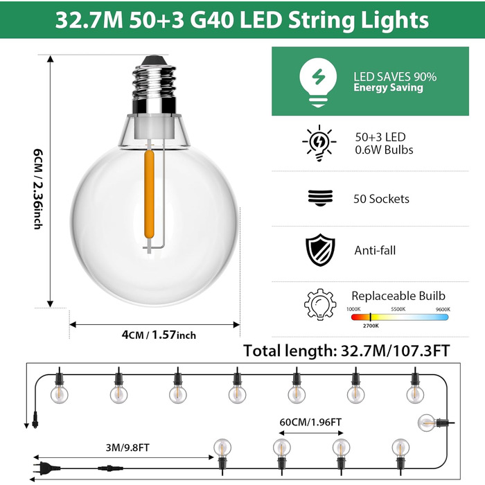 Світлодіодні вуличні ліхтарі G40, 121 теплі білі лампи IP54, 32,7 м для саду та вечірок