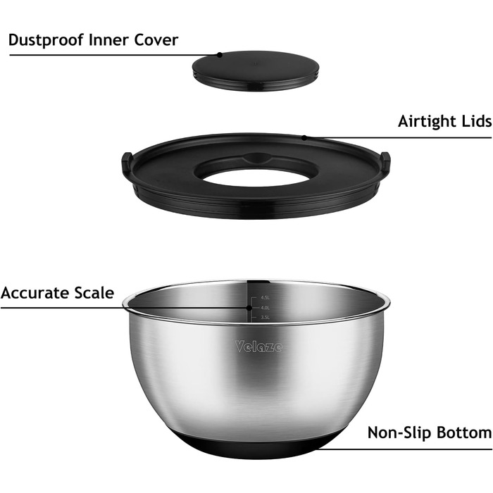 Набір мисок з нержавіючої сталі Velaze, салатниця з 5 предметів з кришкою, миска для змішування з 3 терками, нековзна силіконова основа, 5 л 3 л 2 л 1,5 л 1 л різні розміри для різних потреб 5 комплект срібла