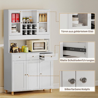 Кухонна шафа 180 см, 2 скляні дверцята, 3 висувні ящики, 4 регульовані полиці, шафа для їдальні, ДСП, білий