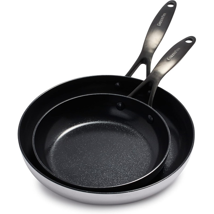 Набір сковорідок GreenPan Venice Pro Noir 26см та 30см, нержавіюча сталь, антипригарне покриття Ceramic, чорний, без PFAS, для індукції, можна мити в посудомийній машині, термостійкий, сріблястий