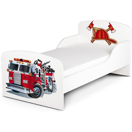 Дерев'яне ліжко Leomark з функціями для дітей - ліжко з матрацом, боковиками та ламелями, розмір спального місця 70/140 см, друк UV (пожежна машина)