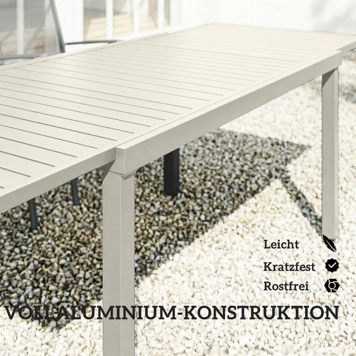 Розкладний обідній стіл з алюмінію 150/225 x 85 см для 6-8 осіб, прямокутної форми, з ламельною текстурою