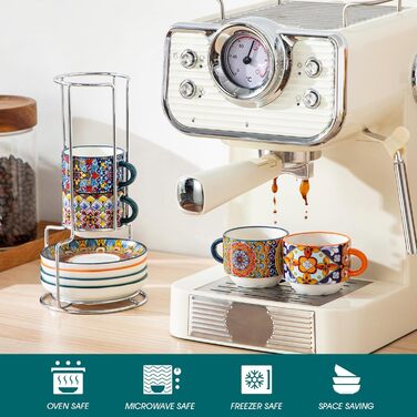 Набір чашок для еспресо Vancasso 4 шт., 150 мл SIMI з підставками та стійкою, керамічні чашки для еспресо, капучино, лате, мокко