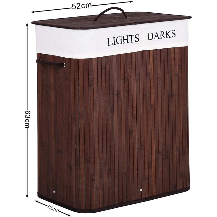 Кошик для білизни Bakaji з двома відділеннями для сортування світлого та темного одягу, бамбук та тканина, складний, з кришкою та ручками