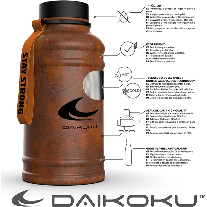 Пляшка з нержавіючої сталі Daikoku регульований ремінець карабін, термос з подвійними стінками без бісфенолу А, багаторазова пляшка для води, герметична кришка, кораловий колір, ємність 500 мл (1,3 л, Коричневий Xxl)
