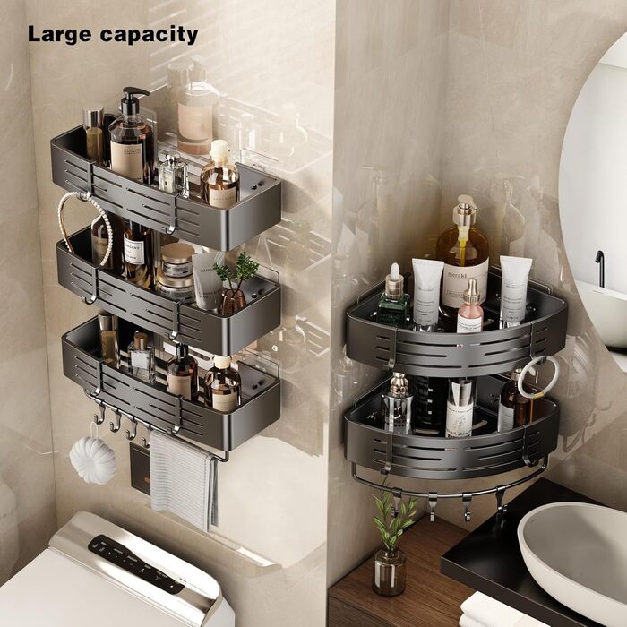 Поличка для душу Voldra без свердління, кутова поличка для ванної кімнати з присосками, металева поличка для душу з тримачем для рушників (2 шт., сіра)