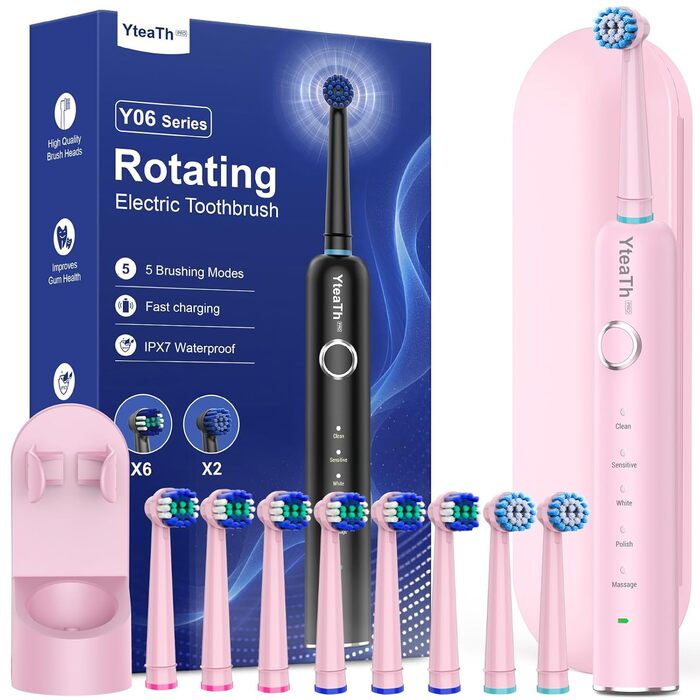 Електрична зубна щітка ротаційного типу для дорослих та дітей з 8 насадок, зарядний пристрій з підставкою на стіну, 5 режимів чищення та дорожній футляр, 60 днів роботи від акумулятора (рожевий)