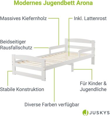 Молодіжне ліжко Juskys Arona 90x200 см з рейковою основою - Каркас ліжка з масиву дерева білого кольору - Односпальне ліжко із захистом від падіння з висоти - Місце для зберігання під ліжком