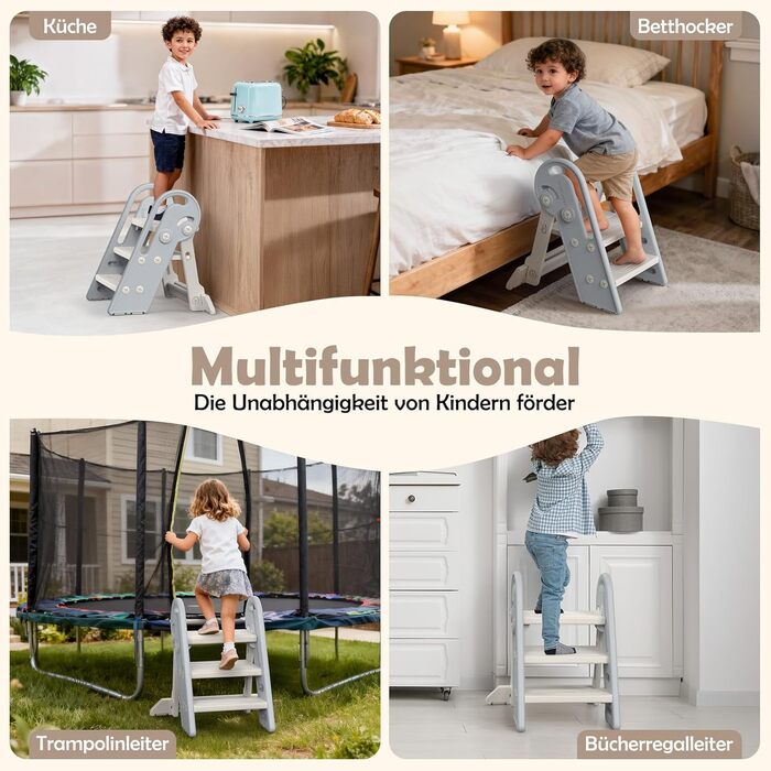 Дитячий підсвічник Onasti Tritthocker: регульована висота, 3 ступені, з ручками, складний, анти-кіп та анти-ковзний, для кухні, ванної кімнати, умивальника та туалету (сірий)