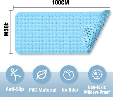 Нековзний килимок для ванної BASVII 100x40 см, 300 присосок, ПВХ і гума, не містить BPA, можна прати в пральній машині (синій)