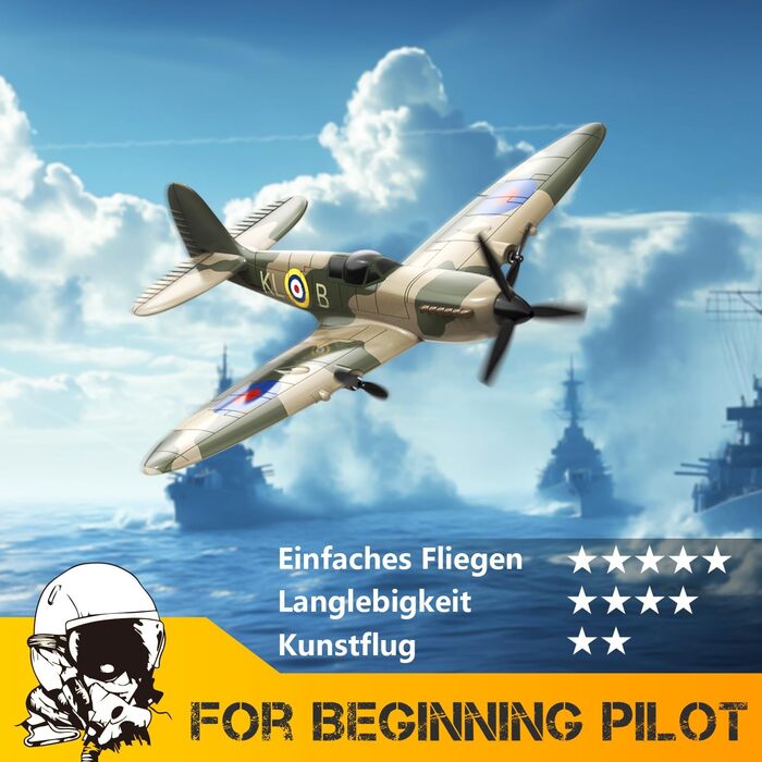 RC літак Hawk's Work Spitfire 2.4GHz - радіокерований винищувач для дітей та початківців, готовий до польоту, 6-осьовий гіростабілізатор