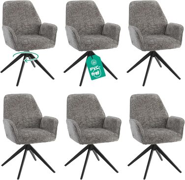 Обідні стільці (набір 6) – поворотні на 360°, м'який велюровий матеріал, функція гойдання, сучасний дизайн, проста збірка, без PFC, сертифікат Oeko-TEX® (темно-сірий)