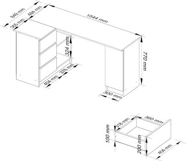 Письмовий стіл кутовий В-20 з 3 висувними ящиками, 2 полицями та поличним відділенням з дверцятами Письмовий стіл Кутовий стіл Кутовий стіл для домашнього офісу Легке встановлення W155 x H77 x D85, 60 кг (білий/графітовий сірий)