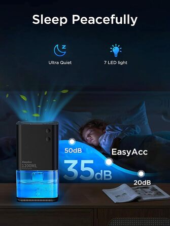 EasyAcc Електричний осушувач повітря 1200 мл, компактний, тихий, портативний, з автовимкненням та режимом сну. Ідеально для офісу та дому. Чорний колір.