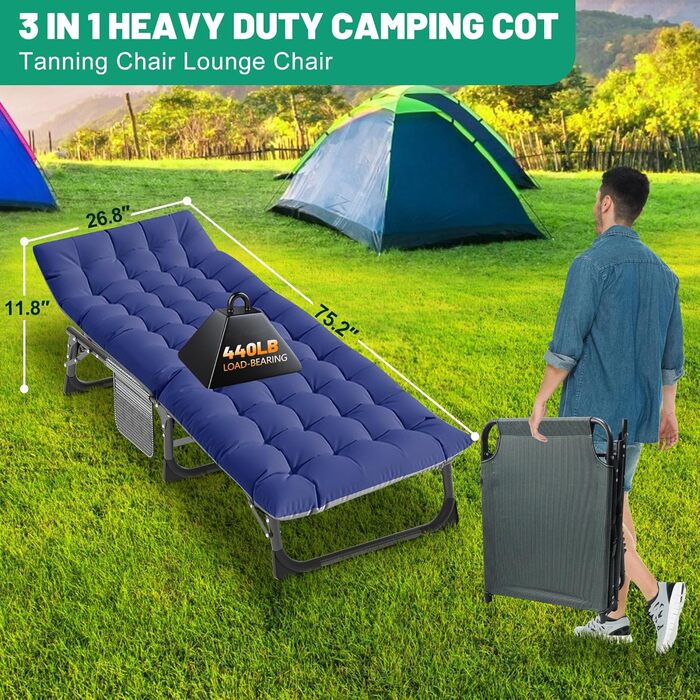 Складане кемпінгове ліжко з матрацом та кишенями, сталевий каркас, Oxford, витримує до 200 кг, 190x71x36 см, для походу, саду та офісу (блакитне)