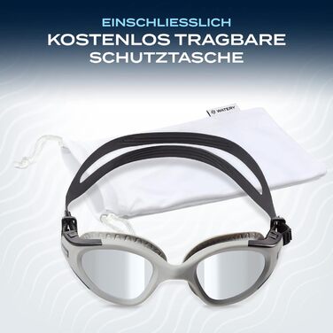 Водні окуляри для плавання з дзеркальною лінзою - Захист від запотівання, захист від ультрафіолету, водонепроникний, без протікання та регульований ремінець - Ідеально підходить для початківців і досвідчених плавців (сірий/сріблястий)