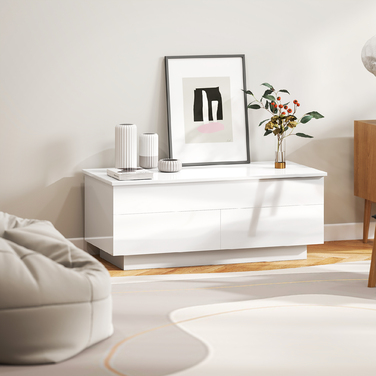 Журнальний столик з регульованою висотою, сучасний столик для вітальні з прихованою системою зберігання та 2 висувними ящиками, глянцевий білий