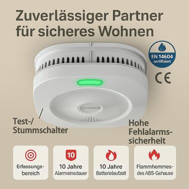 Пожежні сповіщувачі для дому та офісу з фотоелектричним датчиком на 10 років, оптичний димовий сповіщувач, 5 років, працює від батарейки, 2 шт.