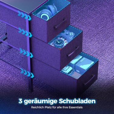 Ігровий кутовий стіл Seventable L-подібний з LED підсвіткою та розетками, 3 ящики, чорний 135x135x88 см