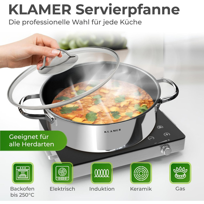 KLAMER Сковорода-гриль індукційна 28 см, сковорода для тушкування та стейків з нержавіючої сталі