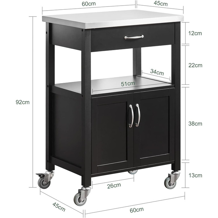 Візок для кухні SoBuy FKW22-SCH зі стільницею з нержавіючої сталі, візок для офісу, BHT приблизно 60x944.5см, чорний