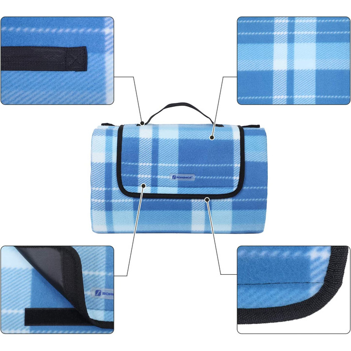 Флісова водонепроникна ковдра для пікніка SONGMICS GCM61C, (квадрати в синю смужку, 200 x 200 см, одномісна)