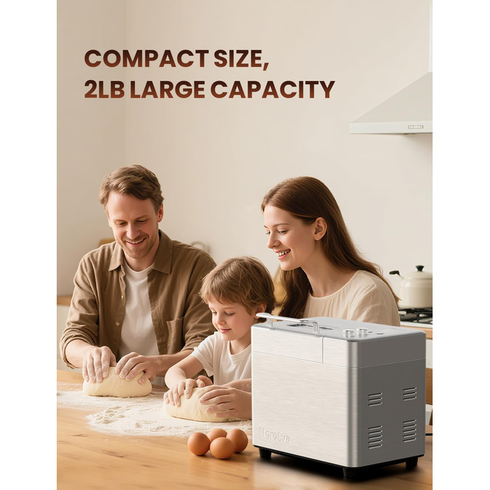 Хлібопічка Neretva з 17 програмами, об'ємом 2.2 кг, з дозатором горіхів та фруктів, керамічним антипригарним покриттям, для безглютенових продуктів, тіста, закваски та йогурту, срібна