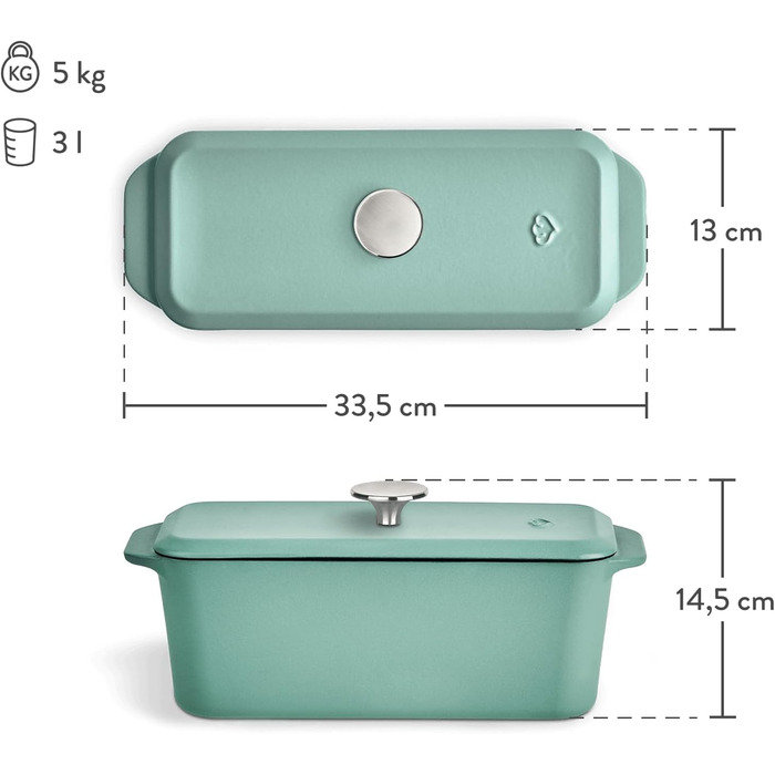 Форма для випічки Springlane з чавуну з кришкою 3L, емальована, для хліба, паштетів та запіканок, 33,5 x 13 см, м'ятного кольору
