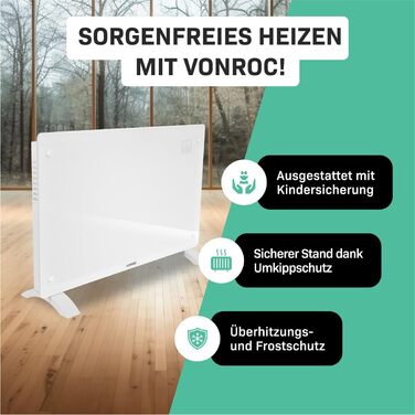 Електричний конвекторний обігрівач VONROC 2000W - для кімнат до 24м² - настінний/підлоговий монтаж - ручне/APP керування, білий