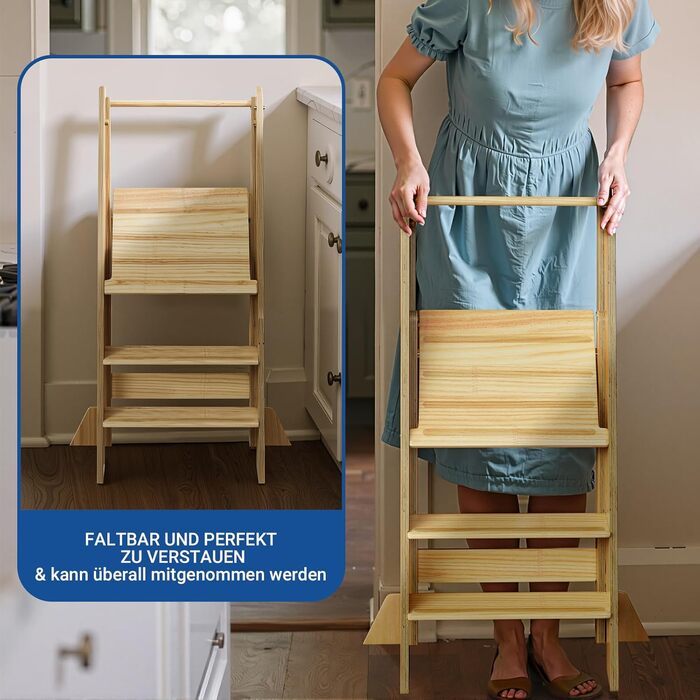 COSYAND Монтессорі стільчик-сходинка для дітей від 1 року, регульована висота | Сходинка Монтессорі | Кухольчик для дітей | Колір: Темно-сірий-натуральний