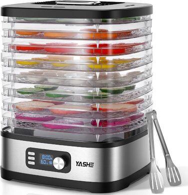 Сушарка для продуктів YASHE 8-ярусна, з регулюванням часу та температури до 72 год, з сітчастими вставками, роликом для фруктів та щипцями з нержавіючої сталі для м'яса, фруктів, овочів, трав, без BPA