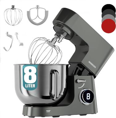 Кухонна машина Heinrichs 2500W з двома гаками для тіста, міксером та насадкою для збивання, 8 швидкостей, чаша 8л з нержавіючої сталі, тиха, з титановим покриттям
