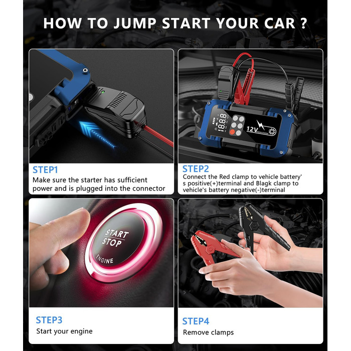 Портативний пусковий пристрій Starthilfe Powerbank з компресором 150PSI, 4000A, 12V для автомобілів та 8.0L дизель, 26800mAh, 4-в-1 з LED-ліхтариком та LCD дисплеєм