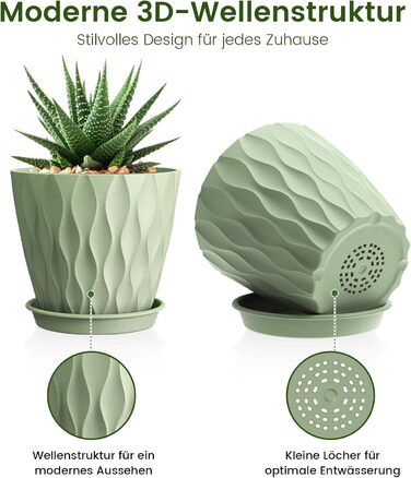 Набір горщиків для квітів 5 шт. об'ємом 20 см, пластикові горщики Dick з підставкою та дренажними отворами, горщик-пересадочний з 3D-фактурою для монстери, герані та кімнатних рослин (зелений, Ø 10,2 см, 5 шт.)