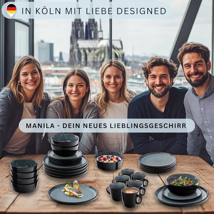 Набір посуду SÄNGER Manila на 6 осіб (30 предметів) | Керамічний сервіз, блакитний з чорним обідком