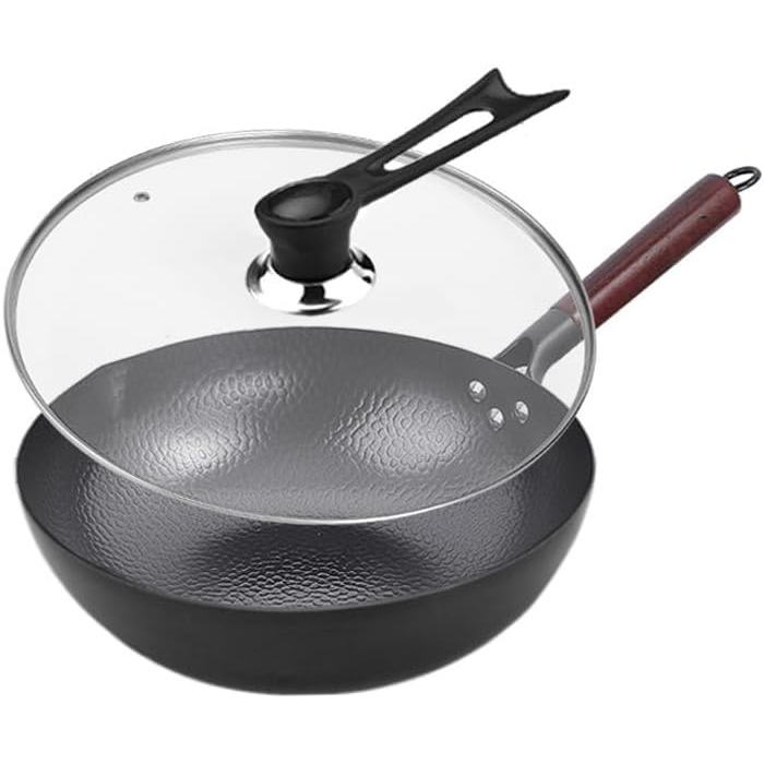 LIYGAOF Вок з кришкою 32 см з чавуну: Вок для всіх типів плит, кована чавунна сковорода, без хімічного покриття, легко миється