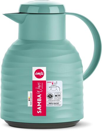 Термос Emsa Samba Wave Isolierkanne, 1 літр, Quick Press, скло, зелений, Made in Germany