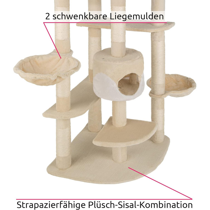 Кігтеточка для кішок tectake XXL для котів, з аксесуарами, 2 котячі печери, висота до стелі, бежевий/білий