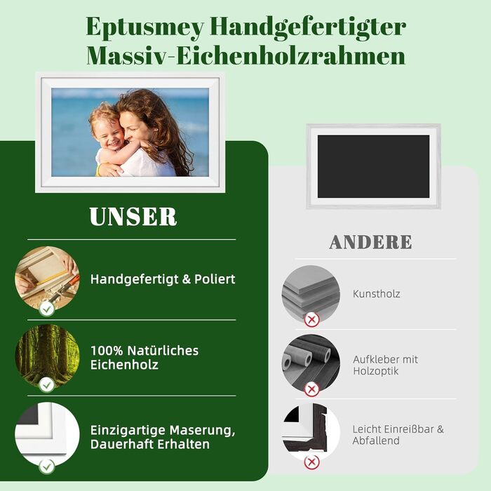 Цифровий фоторамка Eptusmey з Wi-Fi, 10.1 дюймів, корпус з дуба, 32GB, HD IPS сенсорний екран 1280x800, відтворення фото/відео через Uhale APP, подарунок для чоловіків та жінок, колір: білий дуб