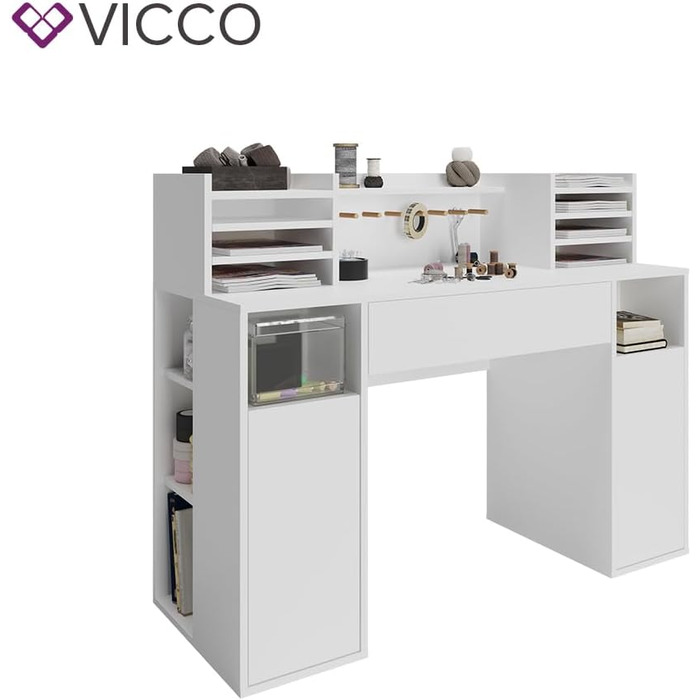 Стіл для рукоділля Vicco - письмовий стіл, білий, 126,8 x 50 см XL з полицями білий 126,8x100x50 см