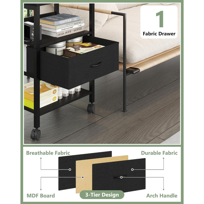 Нічний столик з бездротовою зарядкою, 2 розетки AC та 2 USB, з шухлядою, на колесах, чорний, білий