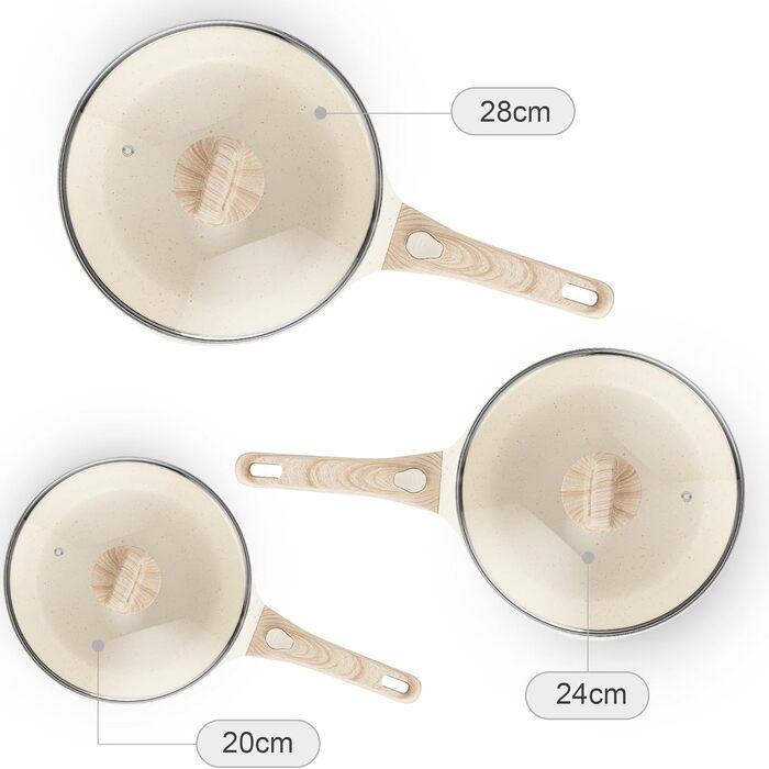 Набір сковорідок RIOVARM з індукційним покриттям, знімними ручками та кришками (20/24/28 см), антипригарне покриття без PFOA, для всіх типів плит, безпечне для миття в посудомийній машині та випікання в духовці, бежевий, 3 шт.