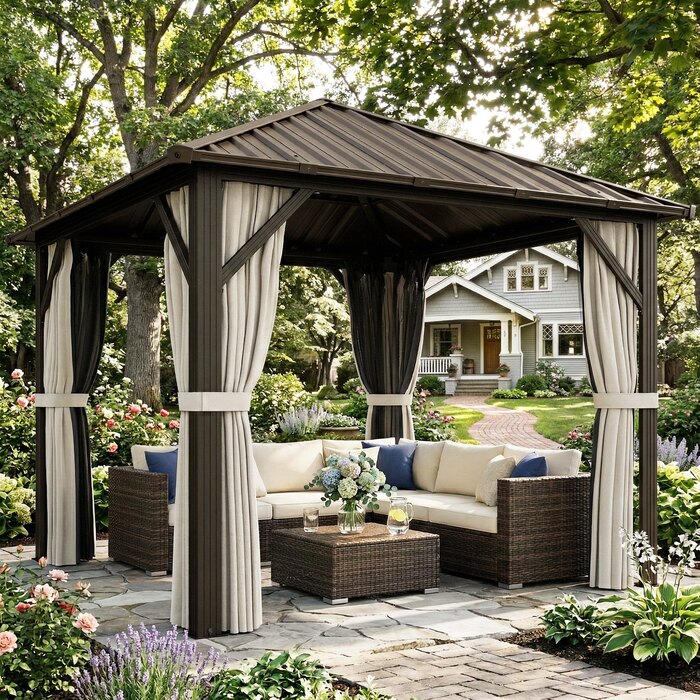 Алюмінієвий павільйон для саду 3х3 м зі сталевим дахом, москітною сіткою та 4 бічними стінками, захист від сонця UPF50+