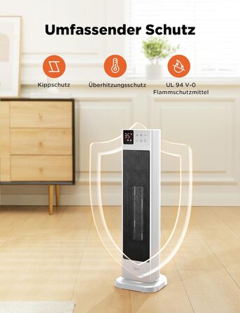 Тепловентилятор Midea NTH20-22ER(WH) енергозберігаючий тихий з пультом дистанційного керування, керамічний тепловентилятор PTC 2000 Вт з термостатом, 2 рівні нагріву, таймер на 24 години, режим ECO, для великих приміщень, коливання 75, 58 см, білий