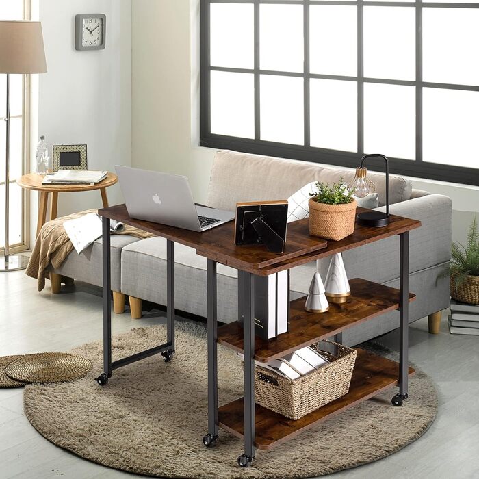 Подібний журнальний столик з коліщатками, диванний стіл з 2 полицями, стіл для ПК, багатофункціональний столик для ноутбука, комп'ютерний стіл, домашній закусочний стіл, поворотний на 360, промисловий дизайн Сільський коричневий
