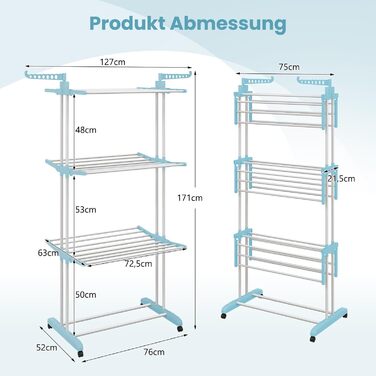 Ярусна сушильна стійка COSTWAY з коліщатками, сушильна машина розбірна з 2 поворотними бічними крилами, окремо стояча сушильна машина Висувна вежа для білизни для приміщень і вулиці (синя), 4-